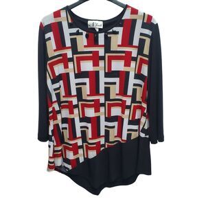 N Touch Tunic Top Womens Large Shirt Black Red Cream Embellished 3/4 Sleeves